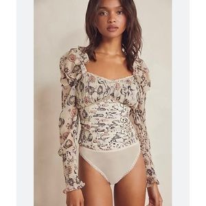 Free People Brunch Date Ivory Combo Bodysuit in size Large